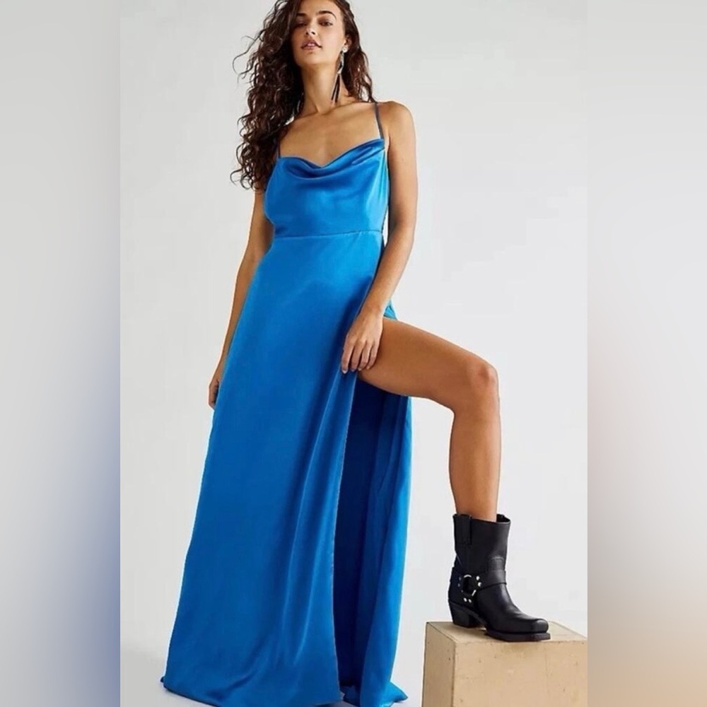Free People Frame and Partners Rosabel Ocean Blue Satin Cowl Neck Maxi Gown